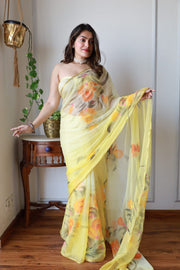 Elegant Hand Painted Chiffon Saree with Zari Border - Perfect for Special Occasions